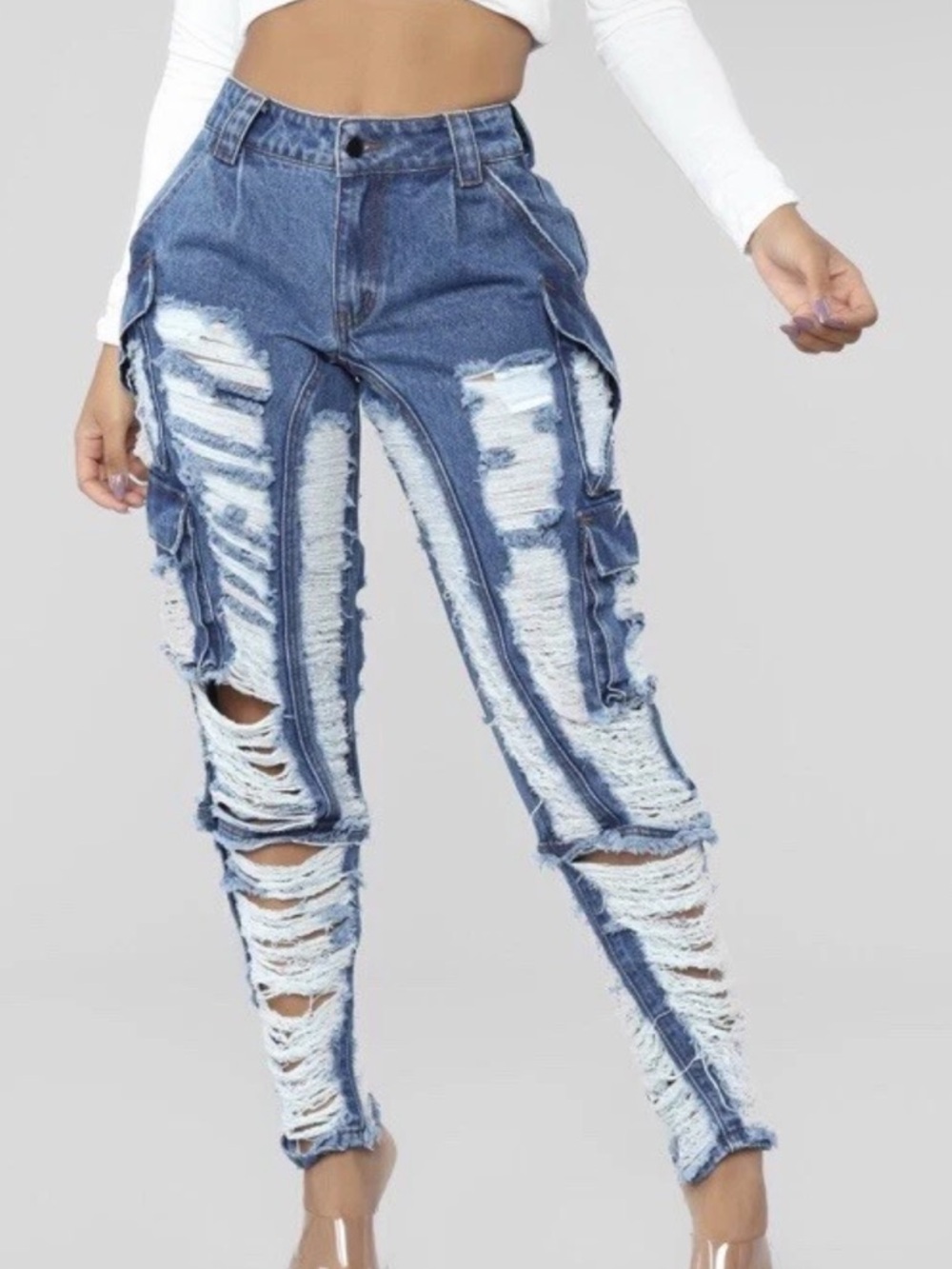 Fashion Nova | Matter A Fact Distressed Cargo Jeans Womens Size 13 Skinny Leg